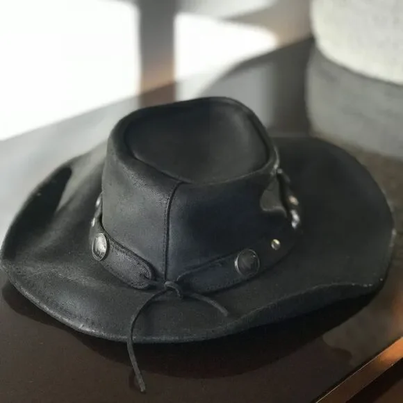 [ vintage ] black leather hat cowboy hat